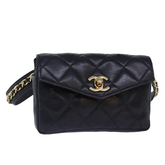 CHANEL Matelasse Chain Waist Bag Lamb Skin Black Gold CC - Picture 1 of 16